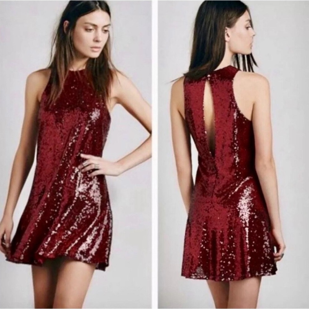 Free People Red Sequin Halter Party Cocktail Mini Dress Size Medium Open Back